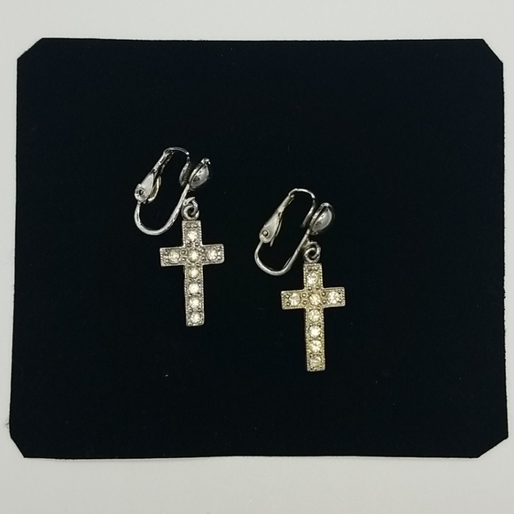 Vintage Jewelry - Vintage Rhinestone Cross Clip On Earrings